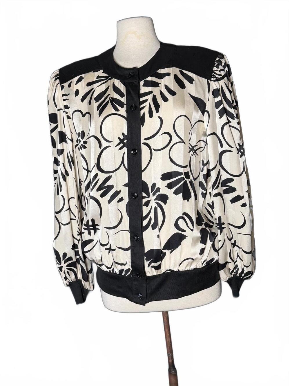 80s Silk Strong Shoulder Pads Vintage Black White Floral Bomber Jacket Top 14 Lu